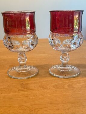 Kings Crown Vintage Water Goblet Cranberry Ruby Red Flashed Top